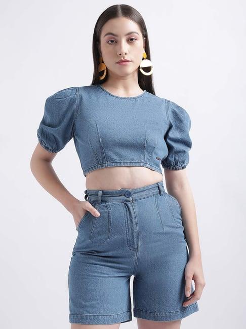 iconic blue regular fit crop top