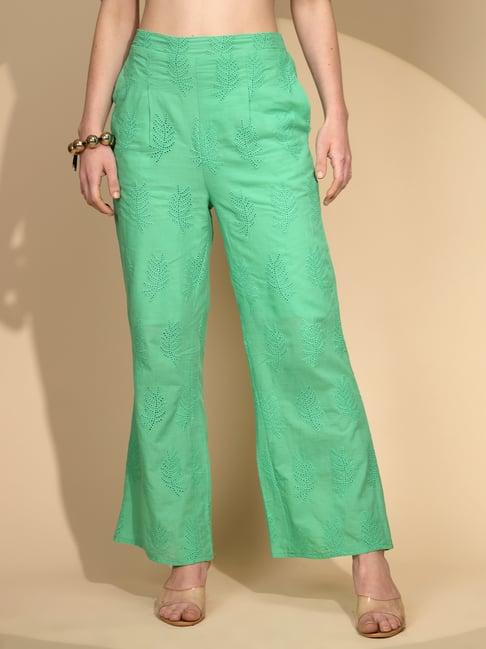 global republic green cotton self design regular fit mid rise pants