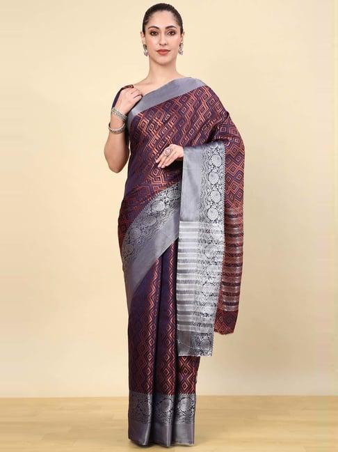 soch womens navy blue geometric woven design jacquard weave art silk saree