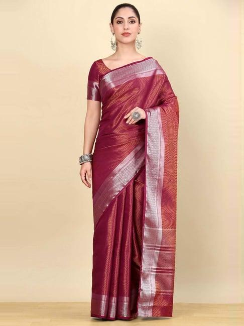 soch womens wine geometric woven design jacquard weave art silk saree