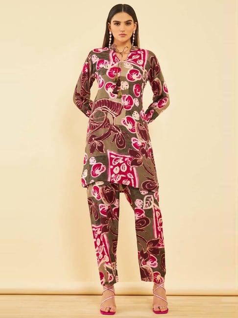 soch womens olive muslin floral printed co-ord set with tie-ups