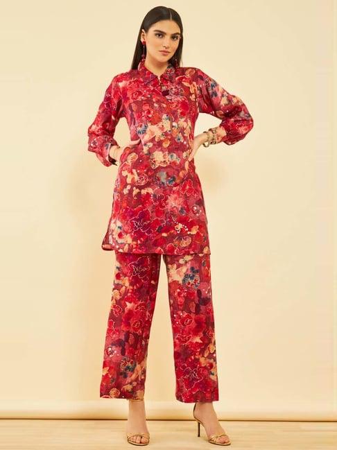 soch womens red muslin floral printed co-ord set with tassels