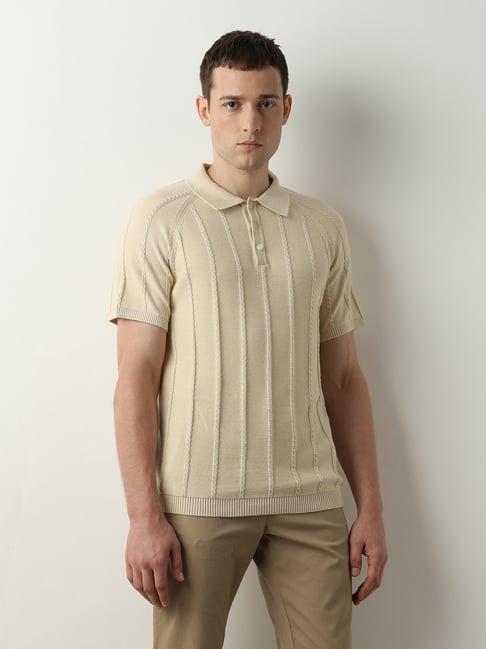 selected homme beige slim fit self design cotton polo t-shirt