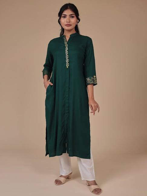 zari jaipur green printed straight kurta