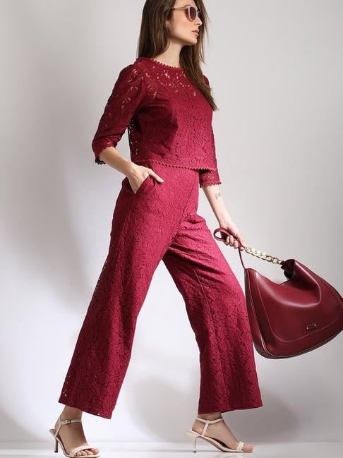 vero moda maroon self design high rise pants