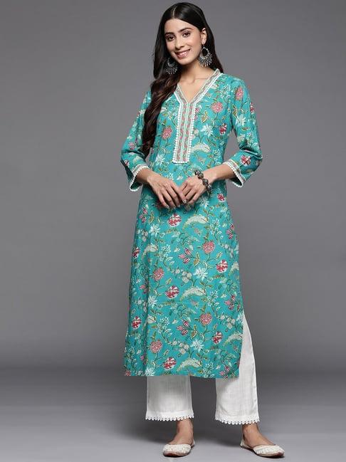 varanga turquoise printed straight kurta