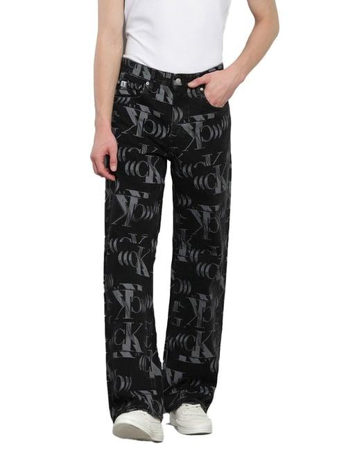 calvin klein black cotton straight fit logo printed jeans