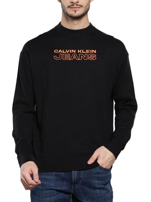 calvin klein black cotton relaxed fit logo printed sweaters