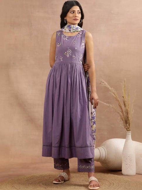 w purple cotton embroidered kurta pant set with dupatta