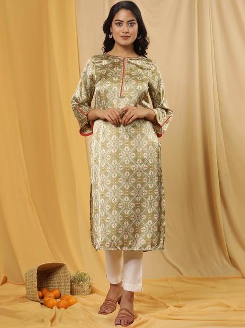 w green & white printed kurta pant set