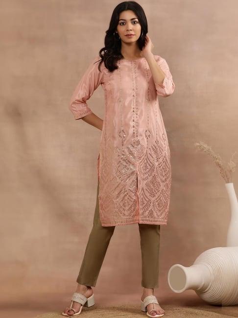 w pink & brown embellished kurta pant set