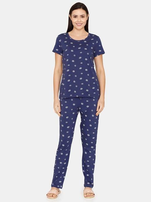 zivame navy printed t-shirt with lounge pants