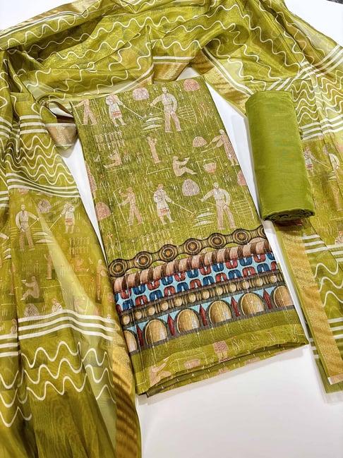 silk land mehendi green printed unstitiched dress material