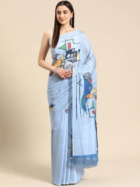 silk land blue silk printed saree with blouse