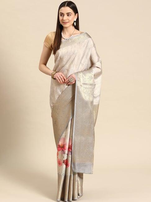 silk land grey tissue floral print saree with blouse