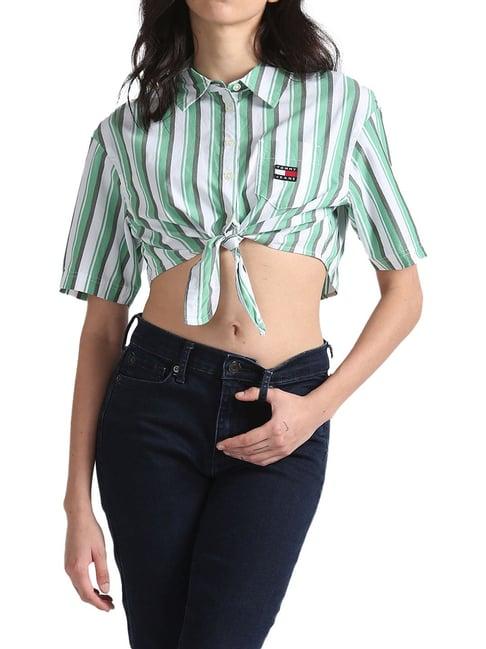 tommy hilfiger green & white stripes regular fit shirts