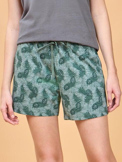 enamor green cotton floral print lounge shorts