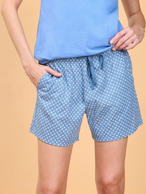 enamor sky blue cotton printed lounge shorts