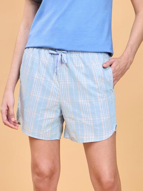 enamor sky blue cotton chequered lounge shorts