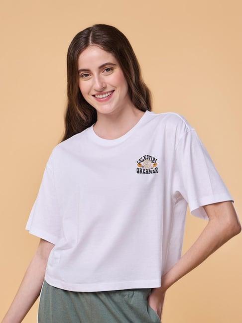 enamor bright white cotton printed lounge t-shirt