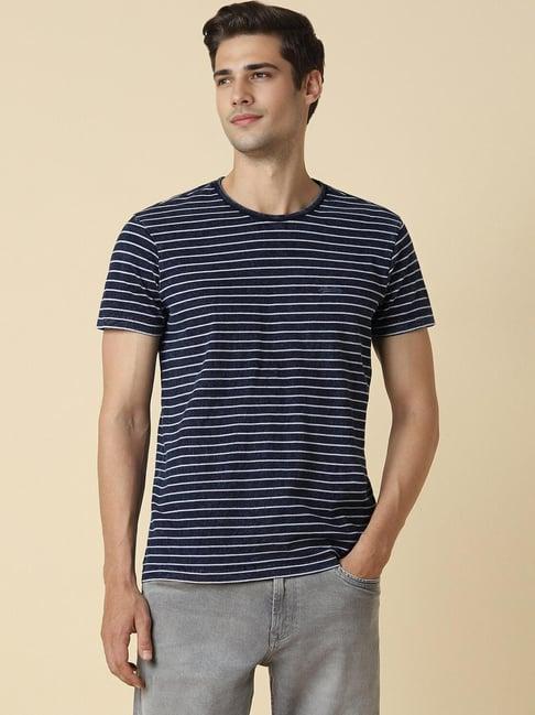 allen solly navy cotton skinny fit striped t-shirts