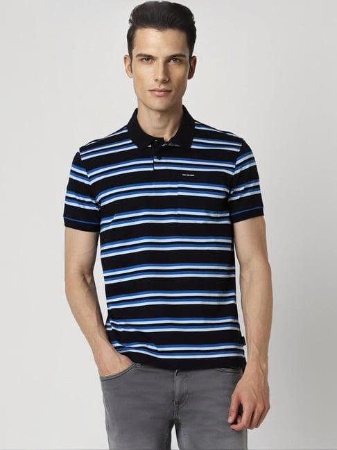 van heusen black cotton skinny fit striped polo t-shirts