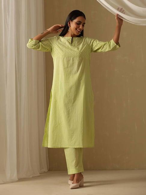 okhai green embroidered pure cotton kurta pant set