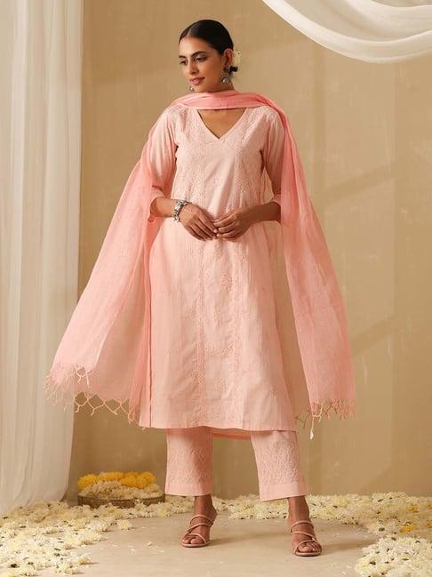 okhai pink embroidered pure cotton kurta with pant & dupatta