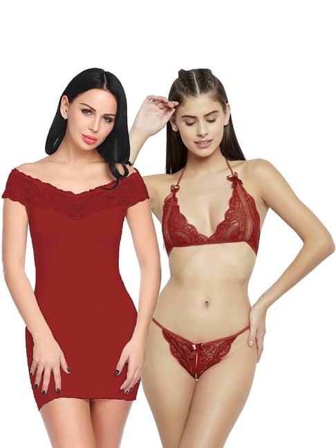 arousy maroon self pattern babydoll lingerie set - pack of 2