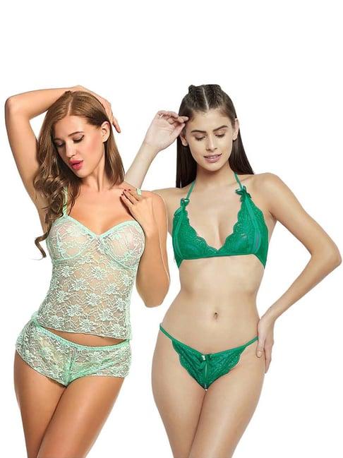 arousy green self pattern babydoll lingerie set - pack of 2