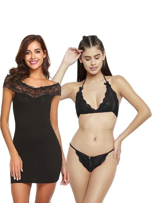 arousy black self pattern babydoll lingerie set - pack of 2