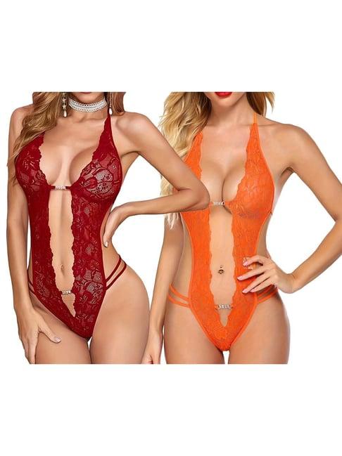 arousy maroon & orange self pattern babydolls - pack of 2