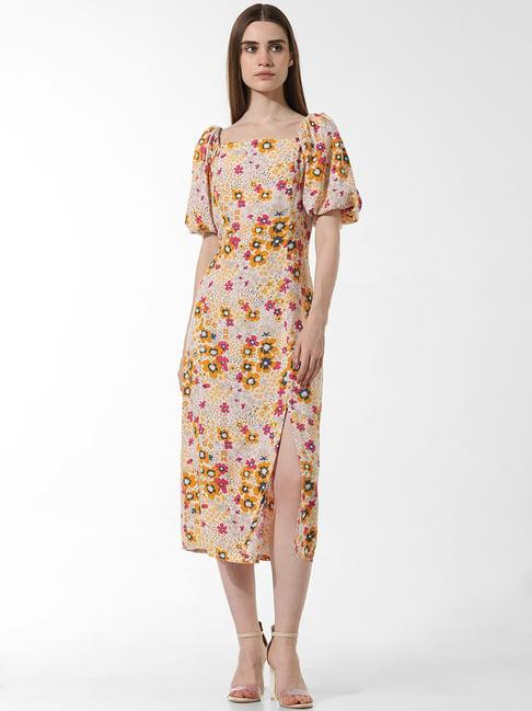 only yellow floral print midi dress