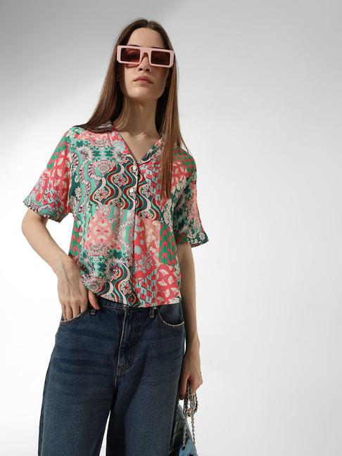 only green & pink viscose floral print shirt