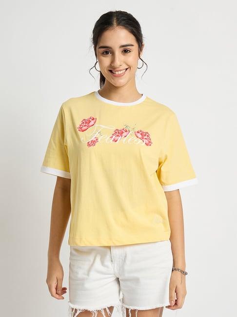 edrio yellow cotton floral print crop t-shirt