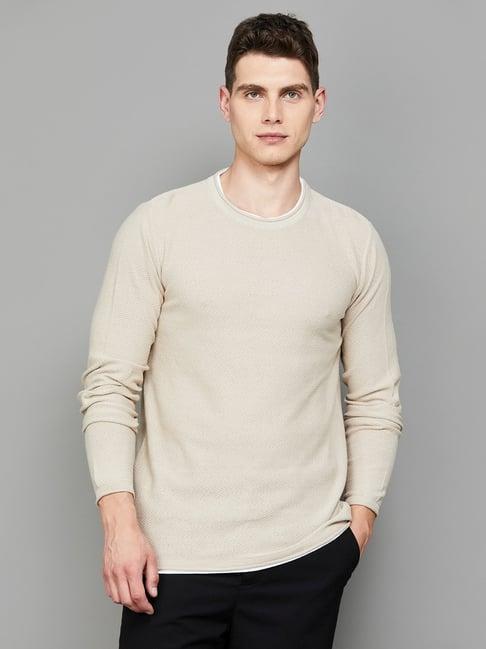 bossini beige cotton regular fit texture sweater