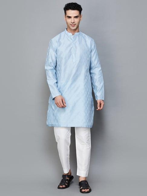 melange by lifestyle blue & white regular fit embroidered kurta bottom set