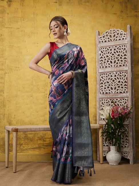 silk land navy floral print saree with blouse