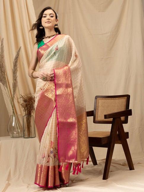 silk land beige floral print saree with blouse