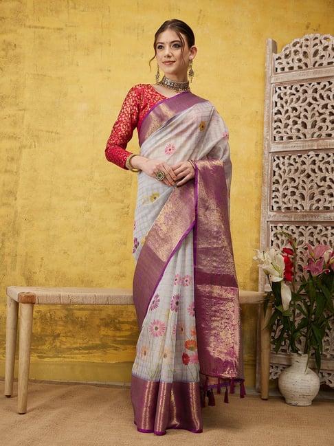 silk land lavender floral print saree with blouse