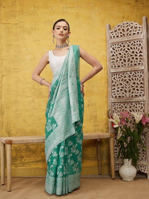 silk land sage green floral print saree with blouse