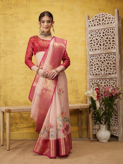 silk land pink floral print saree with blouse