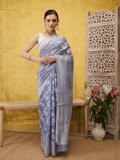 silk land grey floral print saree with blouse