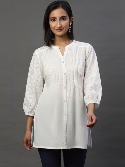 aurelia white cotton embroidered straight short kurti