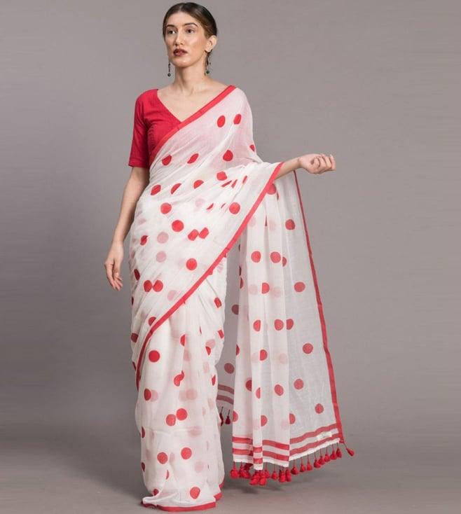 suta white & red cotton polka dots saree without blouse