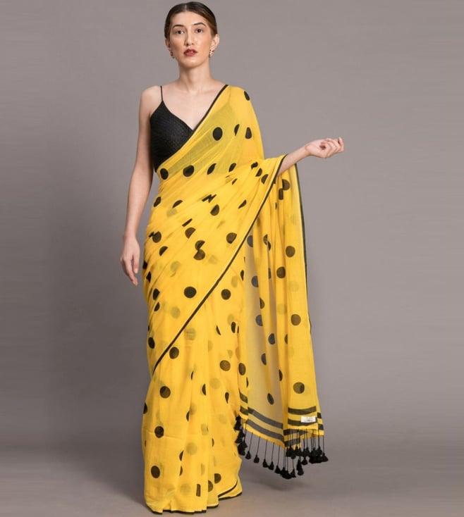 suta yellow cotton polka dots saree without blouse