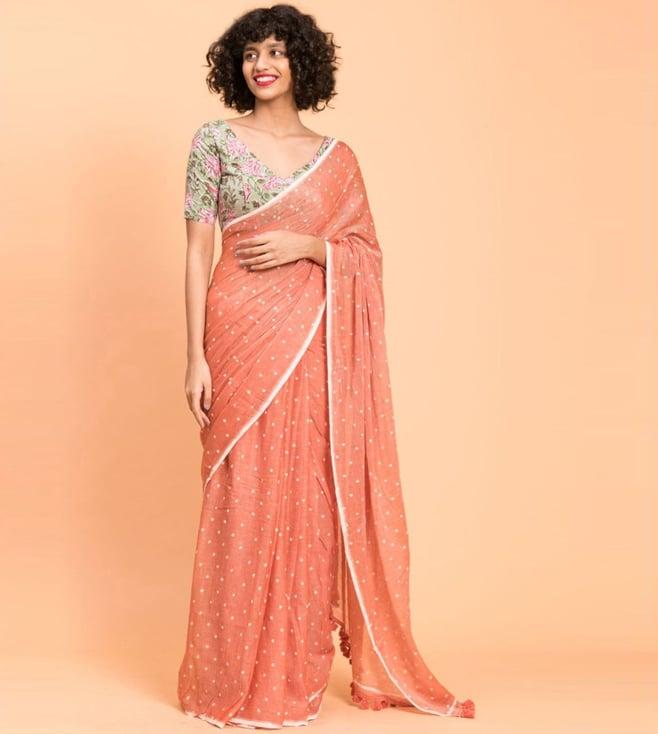 suta peach cotton polka dots saree without blouse