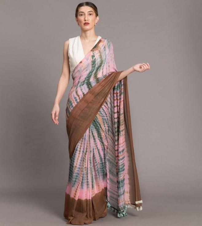 suta pink & brown tie-dye saree without blouse