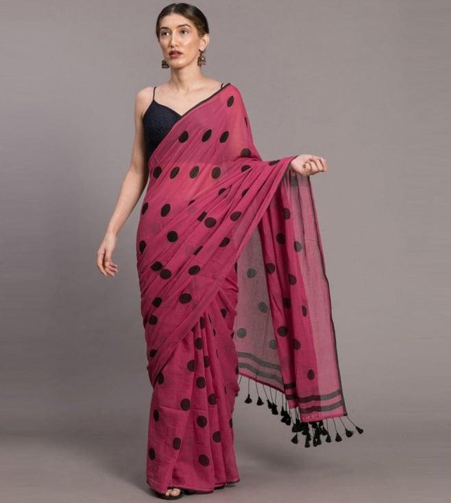 suta pink & black cotton polka dots saree without blouse