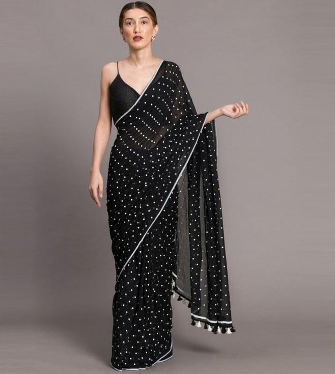 suta black cotton polka dots saree without blouse